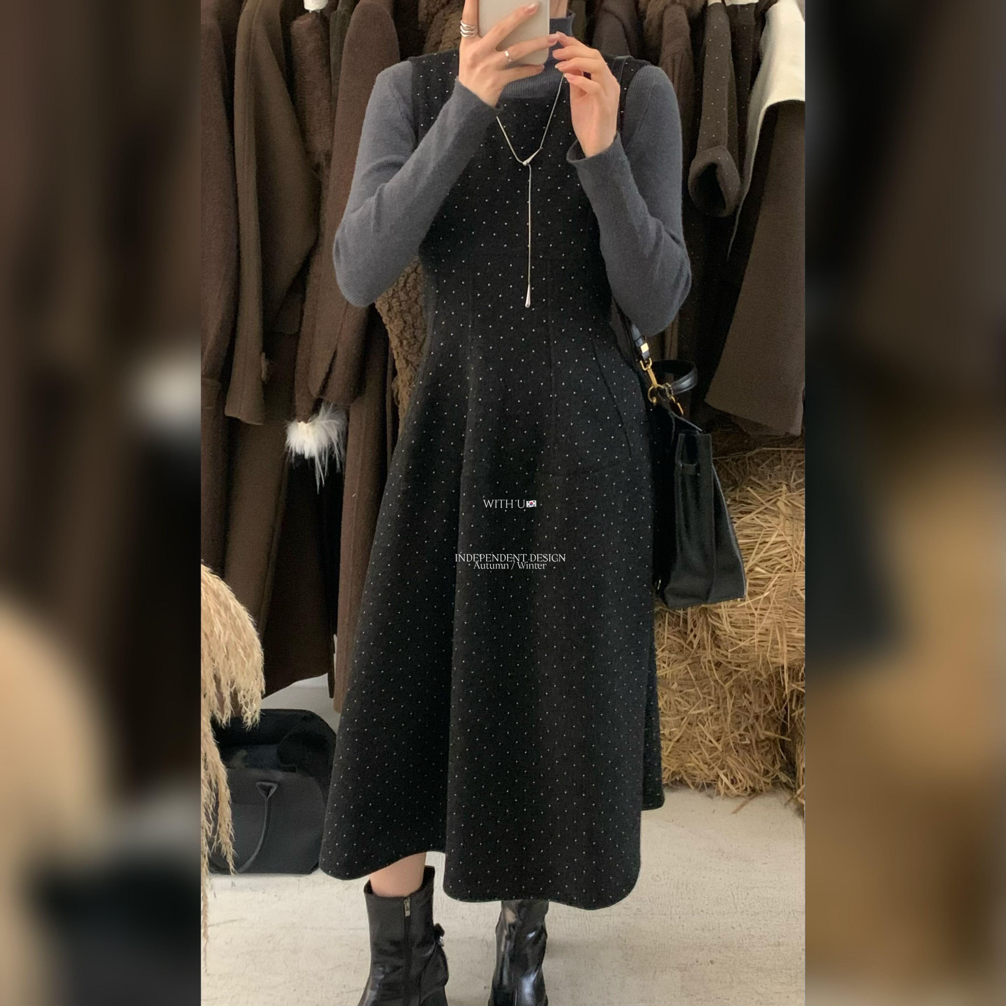 withu@1268 韩系波点收腰设计气质连衣裙（裙长120 胸围84） 11-14