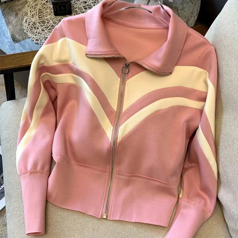 E3809【新款】休闲运动粉色翻领拉链夹克卫衣外套