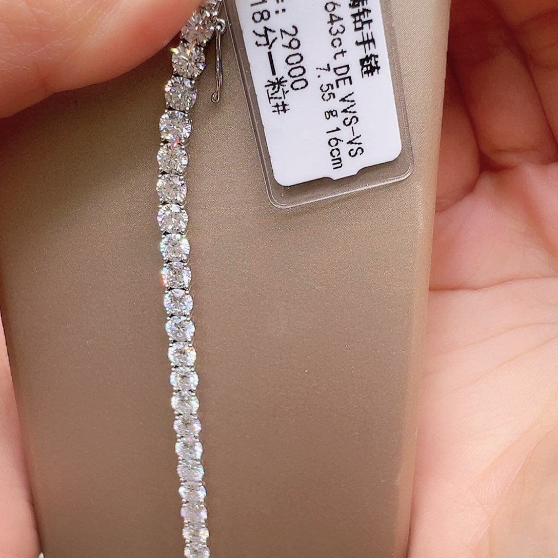 实验室培育钻石18K金镶嵌7.643ct K白满钻手链18分/粒16cm
