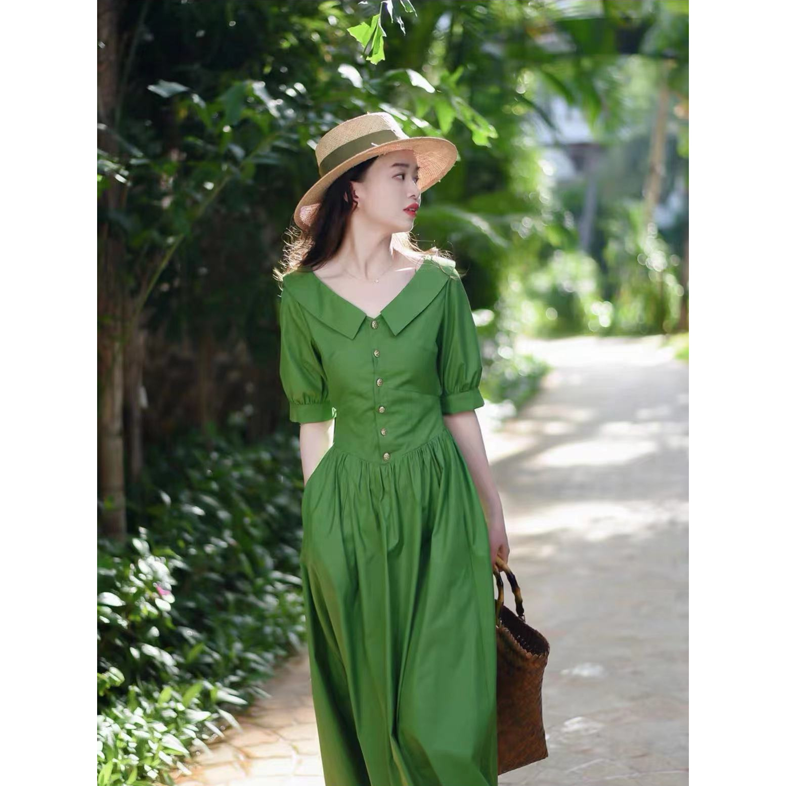 516 《草海桐》复古绿色简约显瘦通勤法式短袖中长裙连衣裙