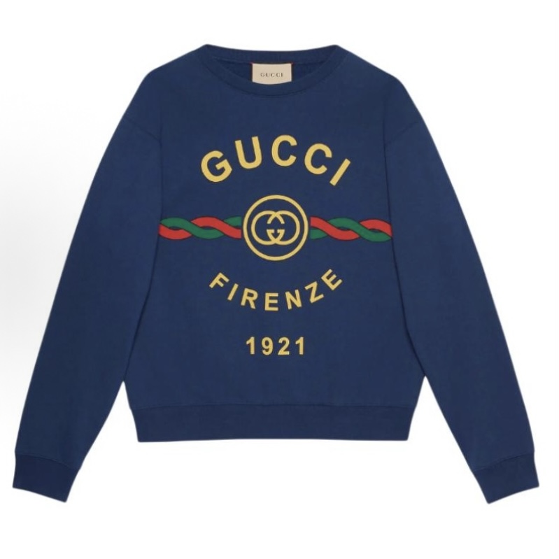 未使用 GUCCI/古驰 古驰套头1921印花圆领秋冬加绒长袖卫衣深蓝色
