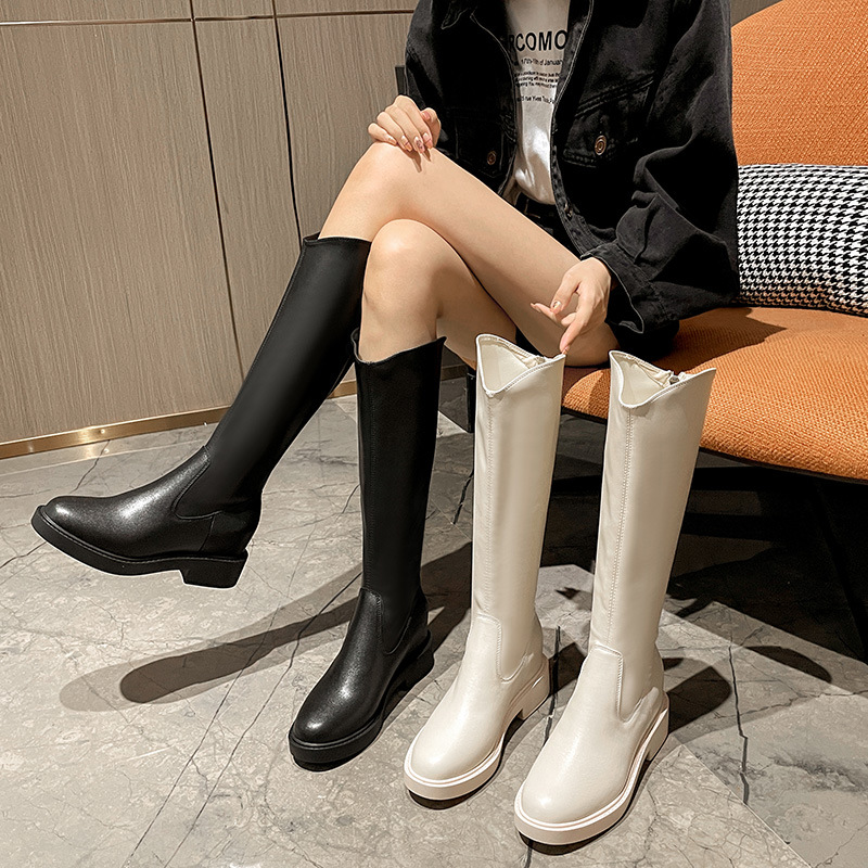 白色高筒靴冬季加绒内增高不过膝骑士靴女欧美风长筒靴高跟长靴