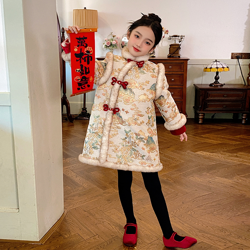 80499女童汉服裙冬季拜年服新年装裙子2025中式国风加厚棉服裙