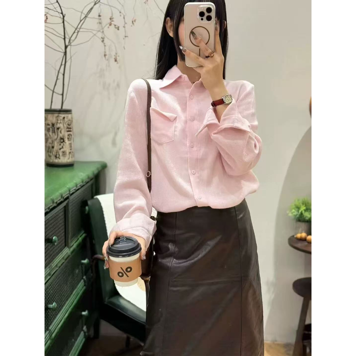 2025长袖衬衫女美式气质复古宽松休闲人字纹羊毛衬衣