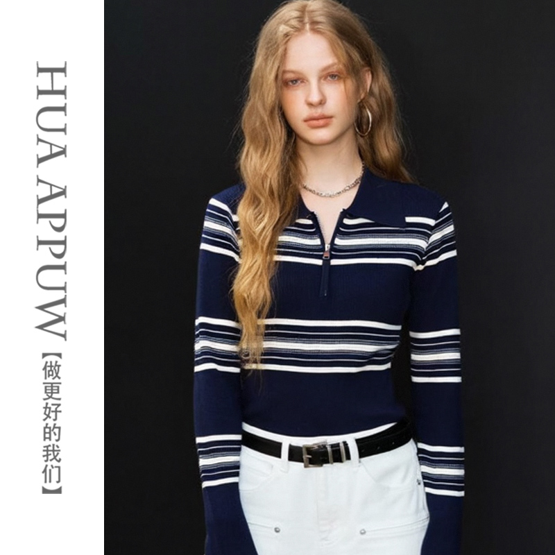 画朴设计感撞色条纹半开领针织衫2025秋冬新款修身显瘦通勤风上衣