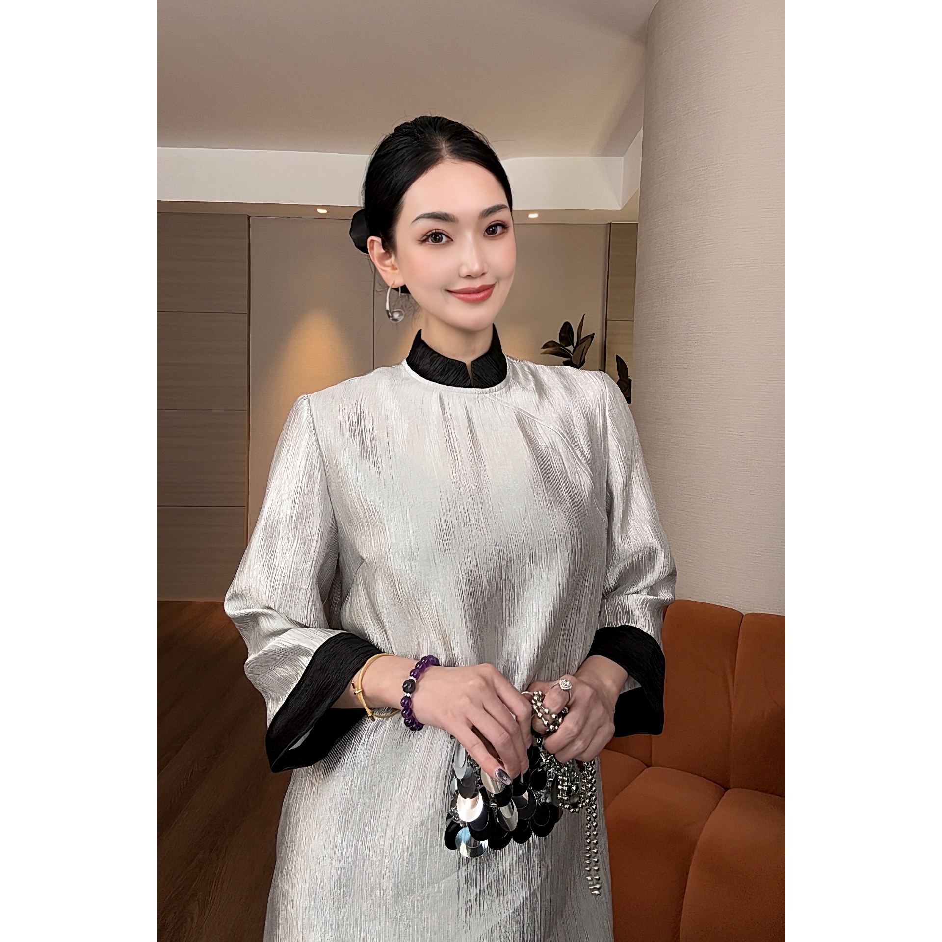 紫紫 银黛 新中式拼接小立领银箔国潮上衣ZD01SZHJ608
