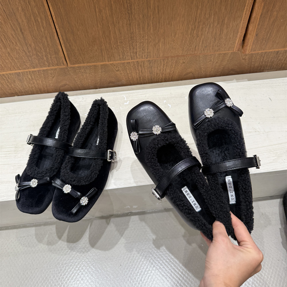 内增高女鞋法式水钻蝴蝶结单鞋冬季毛毛鞋配裙子保暖加绒玛丽珍