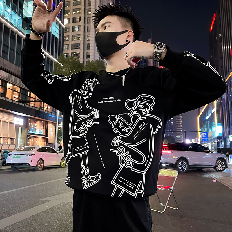 高端轻奢圆领衣服男款爆款2025新款痞帅卡通印花套头春季卫衣男款