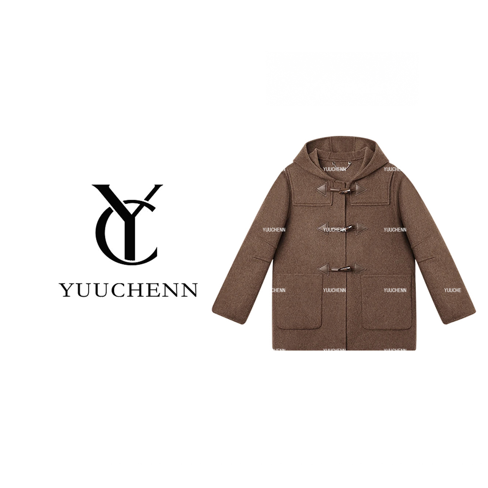 YUUCHENN复古港风绵羊毛连帽毛呢外套女牛角扣加厚百搭23C30671