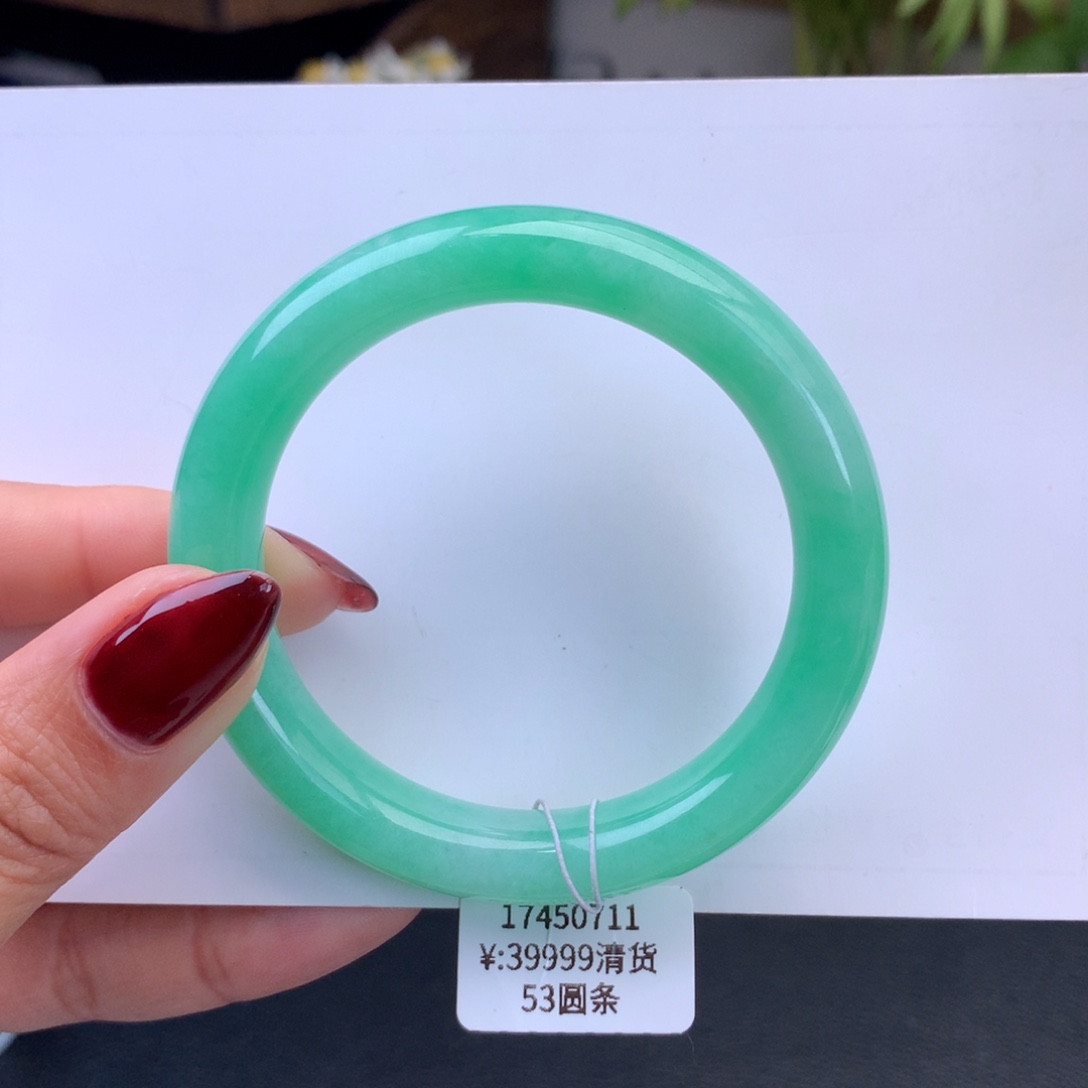 翡翠手镯未镶嵌糯冰满绿圆条手镯（细纹）