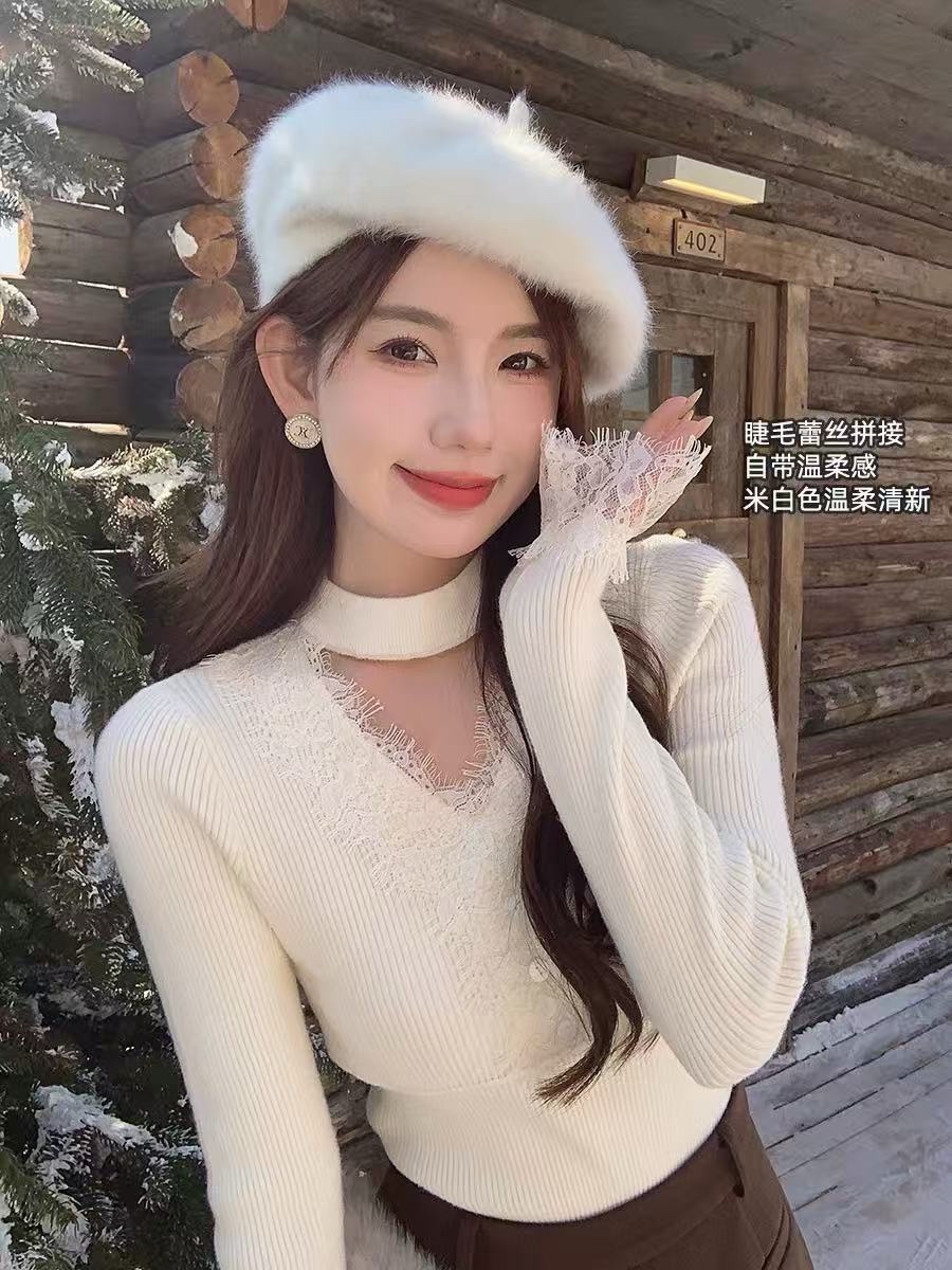 2025秋冬季新款法式蕾丝边半高领挂脖镂空针织毛衣YWH-MY-123