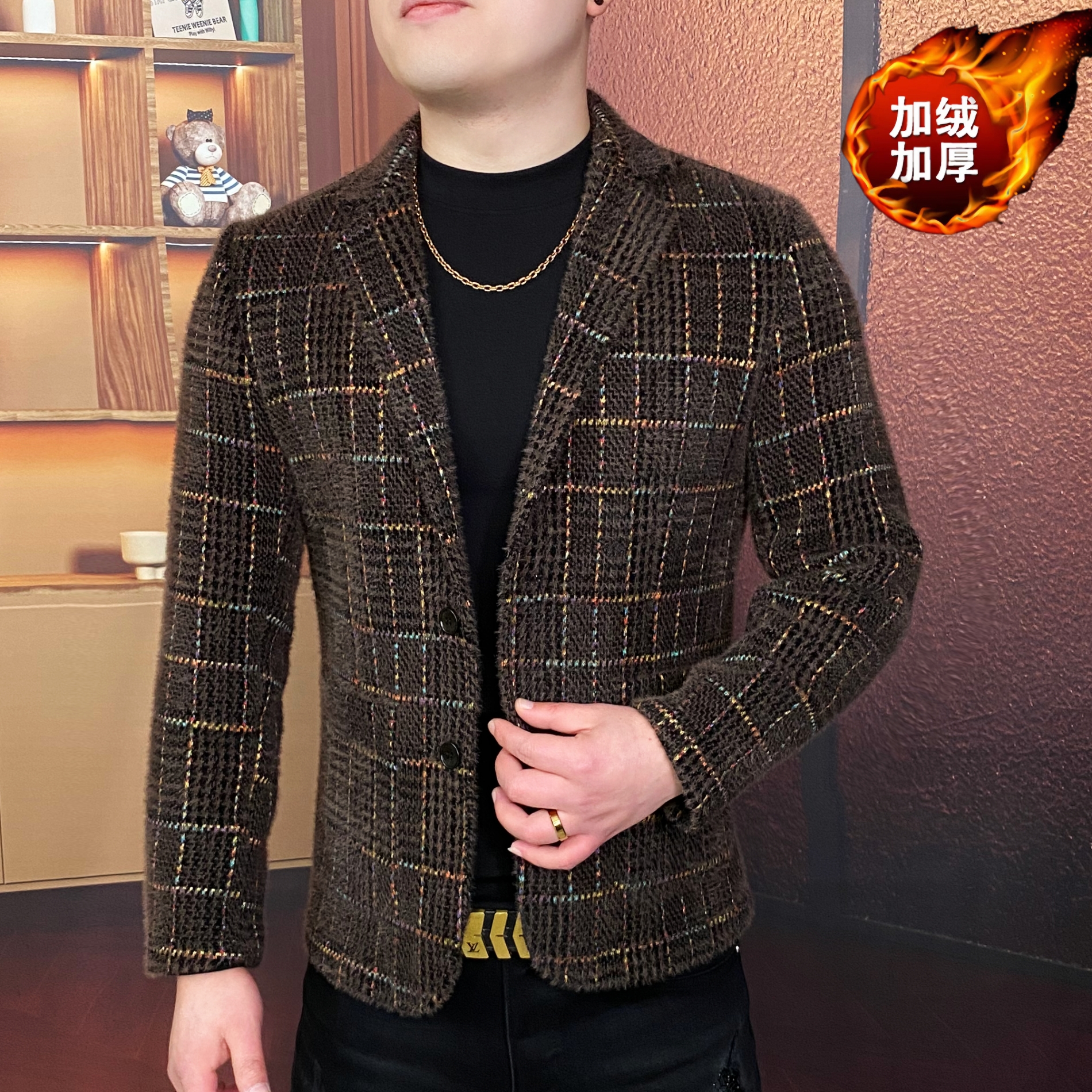 《花纱飞织》加绒西装外套冬季时尚轻奢帅气休闲免烫冬季加厚潮流