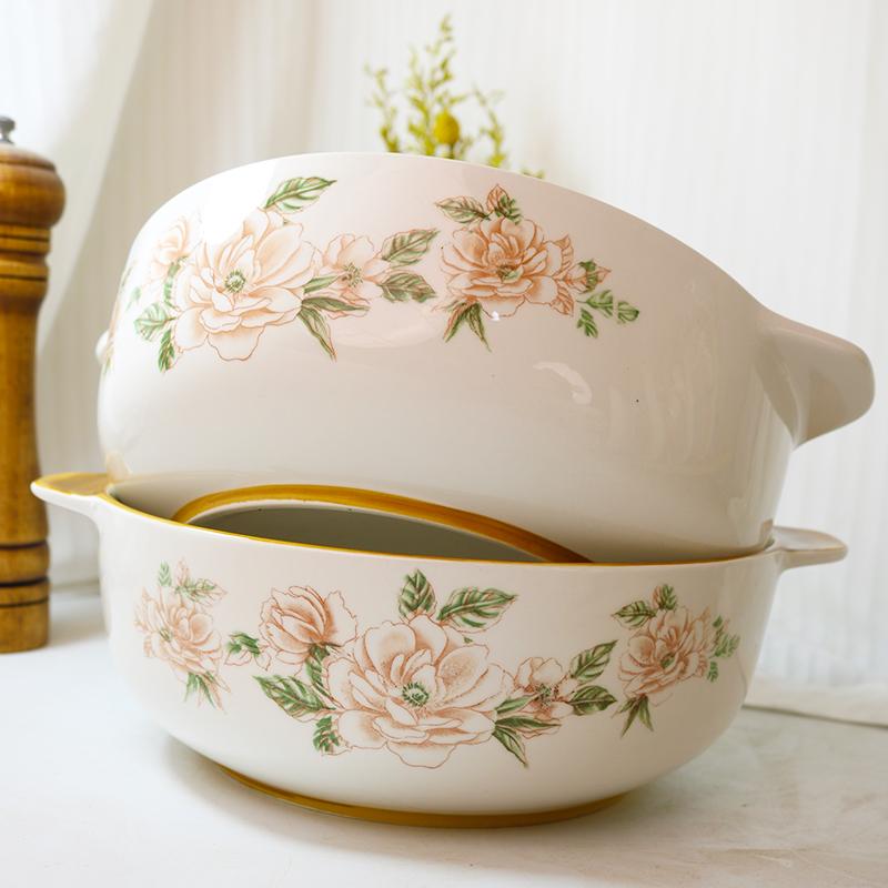 9英寸两个装山茶花双耳碗高颜值家用装带耳朵19cm（偏差1cm左右）