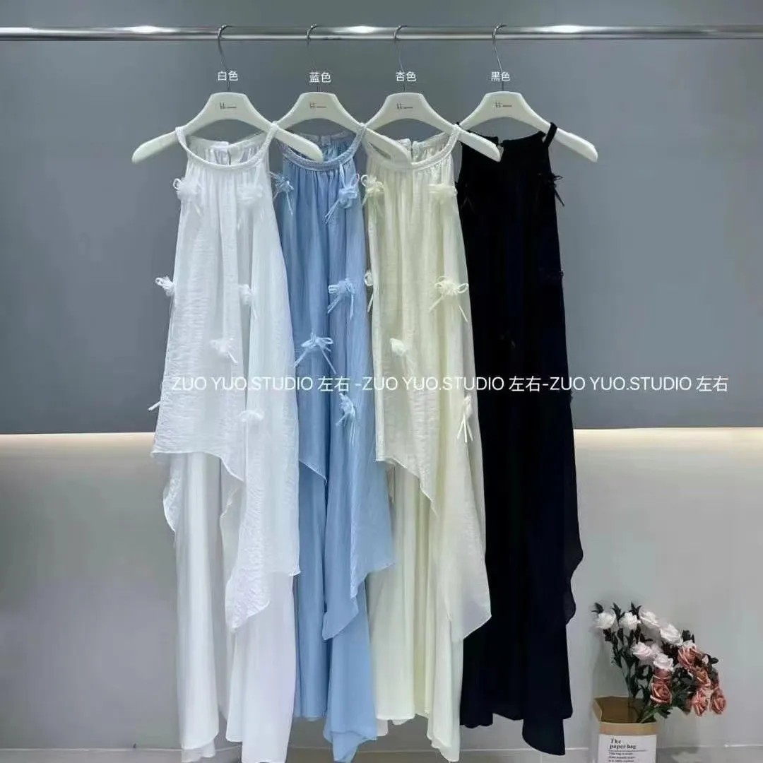 挂脖立体花朵裙结宽松大码遮肉显瘦时尚无袖吊带裙