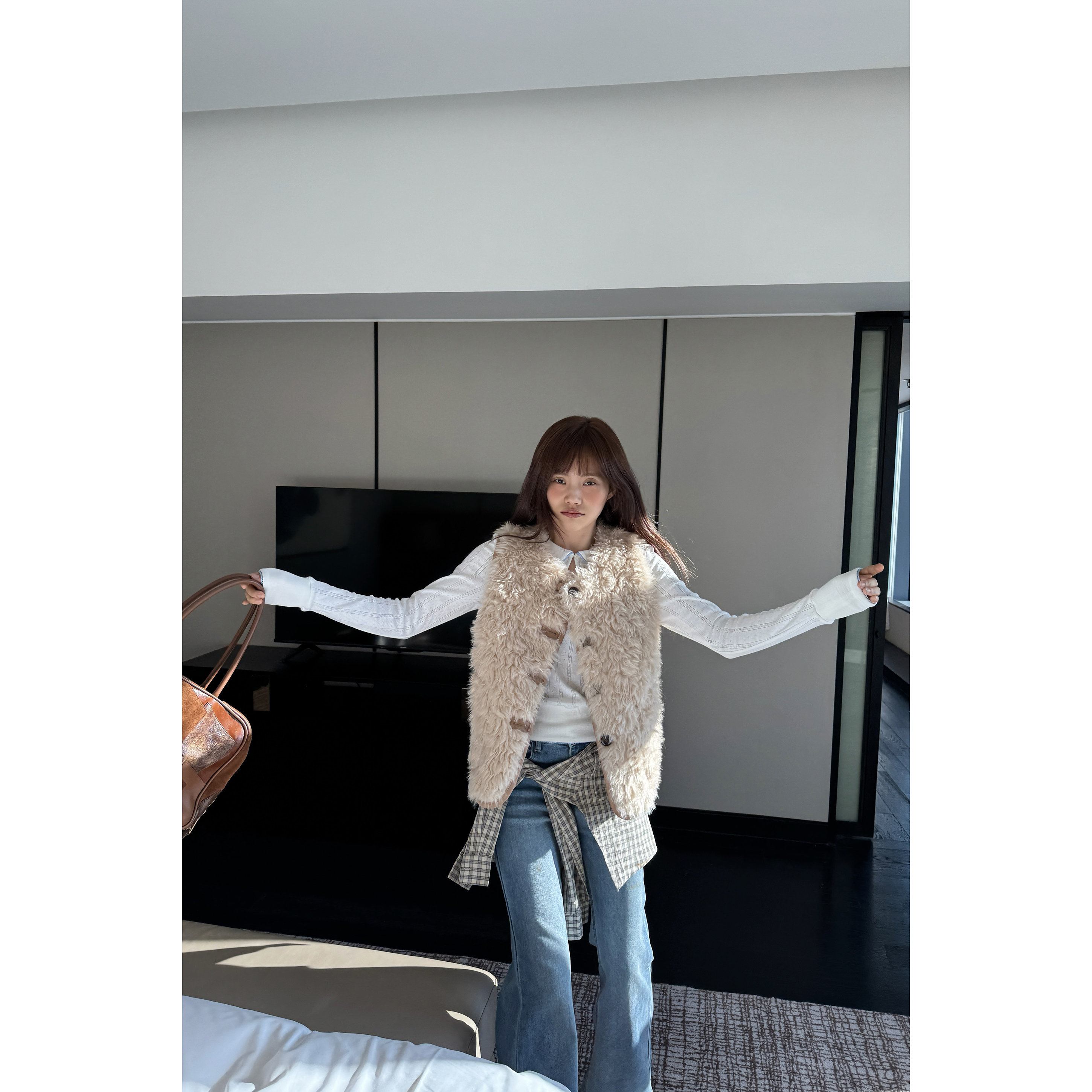 JINGDL【玄机】秋冬复古舒适百搭短款仿麂皮毛毛双面穿马甲外套