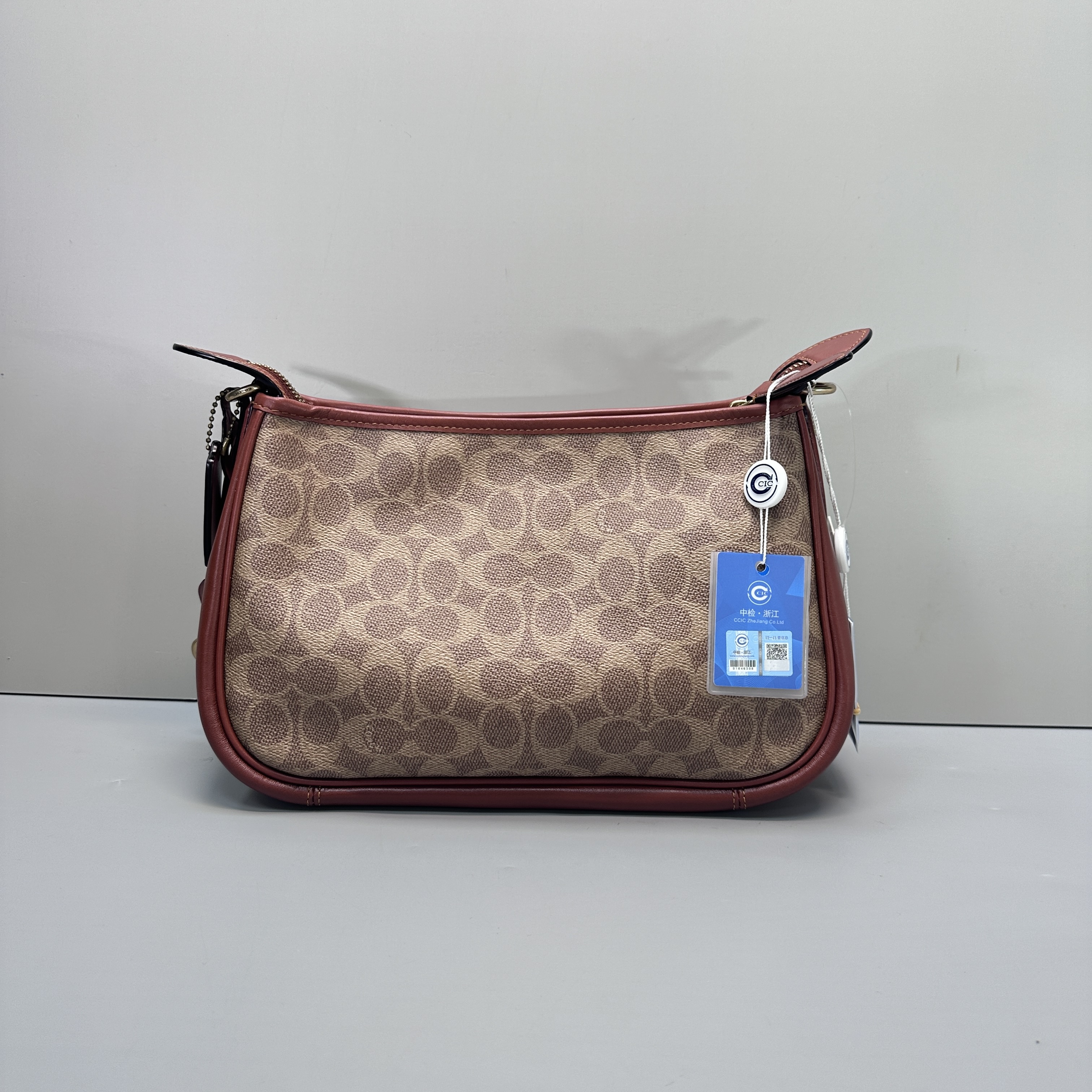 95新 COACH/蔻驰 cary红棕老花腋下包28x19x12cmSM011106