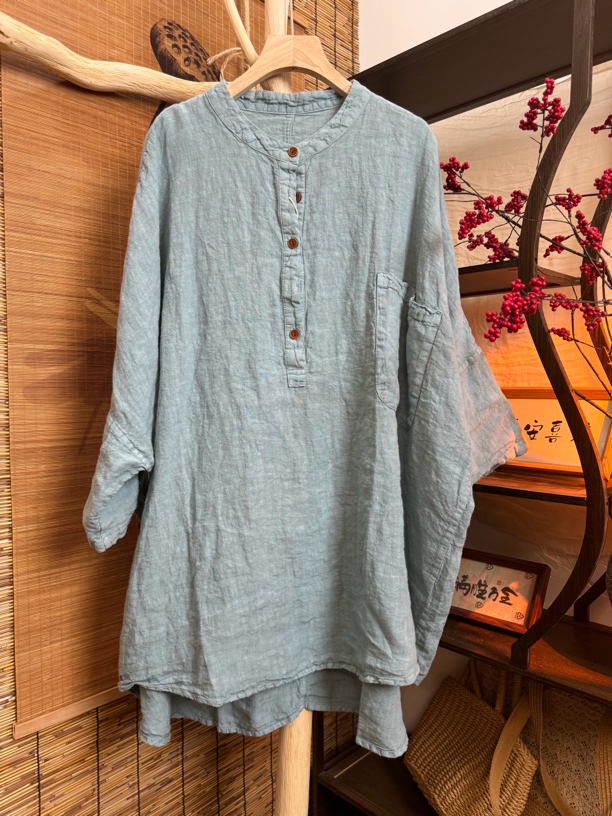 亚麻中长款立领纯色半袖半门襟半袖上衣(衣长85 胸围164)
