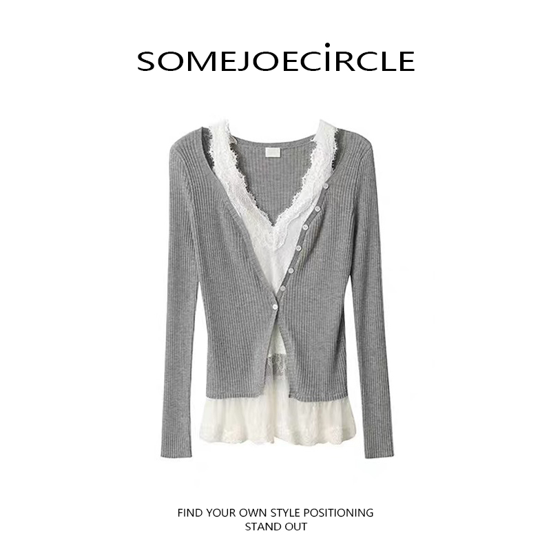【DZ】SOMEJOECIRCLE【虞书欣同款】25秋假两件蕾丝针织衫E7109
