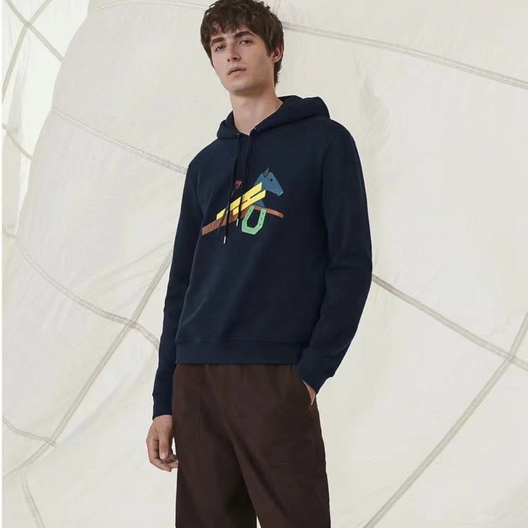 99新 Hermes/爱马仕 小马拼皮均码深蓝帽衫/L/胸57/长65/B07009