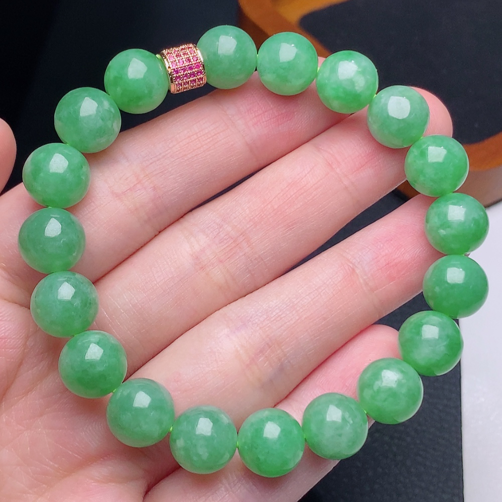 缅甸天然翡翠a货冰润阳绿圆珠手链卡10mm绿色满绿满色