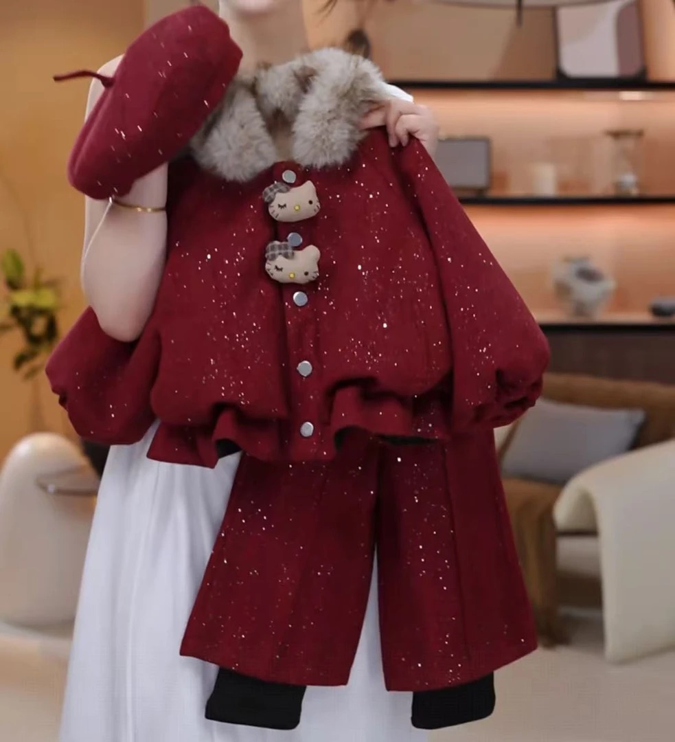 女童加绒加厚款毛呢套装2025新款冬儿童中保暖翻领洋气套装
