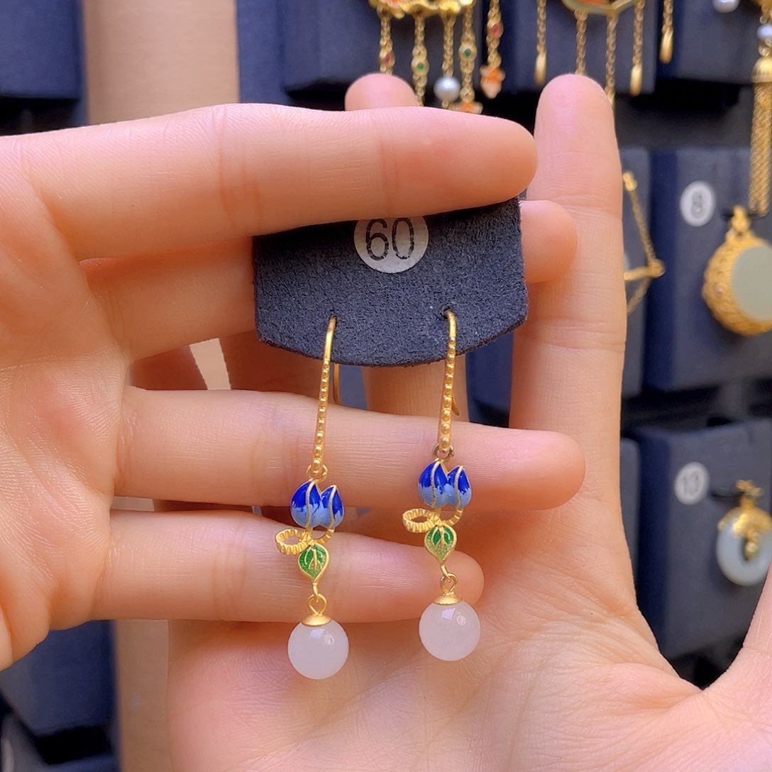 和田玉耳饰银S925镀金镶嵌