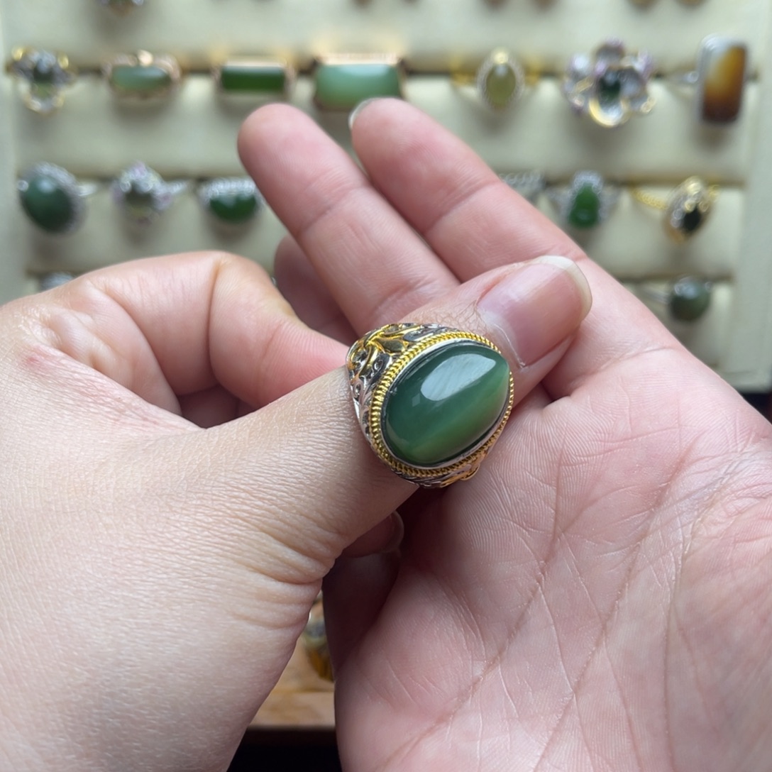 和田玉（碧玉）银S925镶嵌戒指