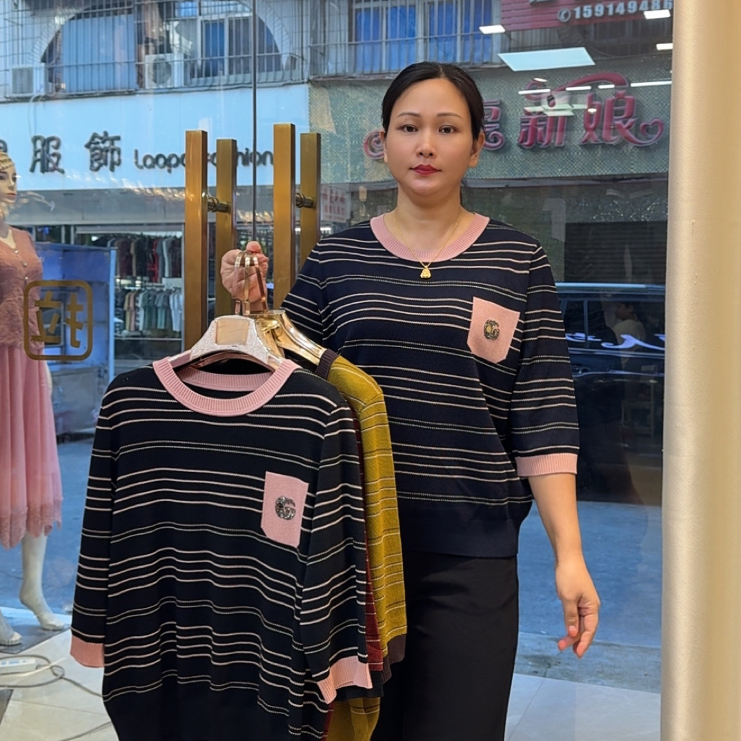 春季新款妈妈中袖针织打底小衫洋气百搭上衣