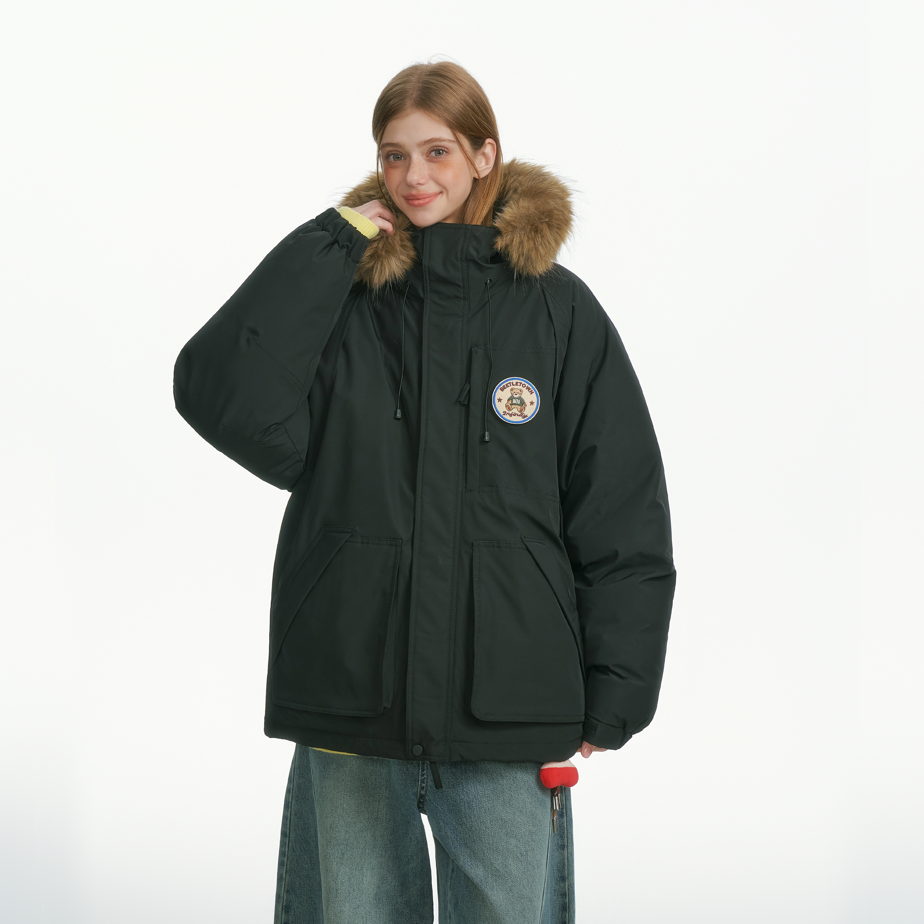 BEETLE TOWN可拆卸毛领连帽棉服女小熊魔术贴保暖派克服棉衣外套