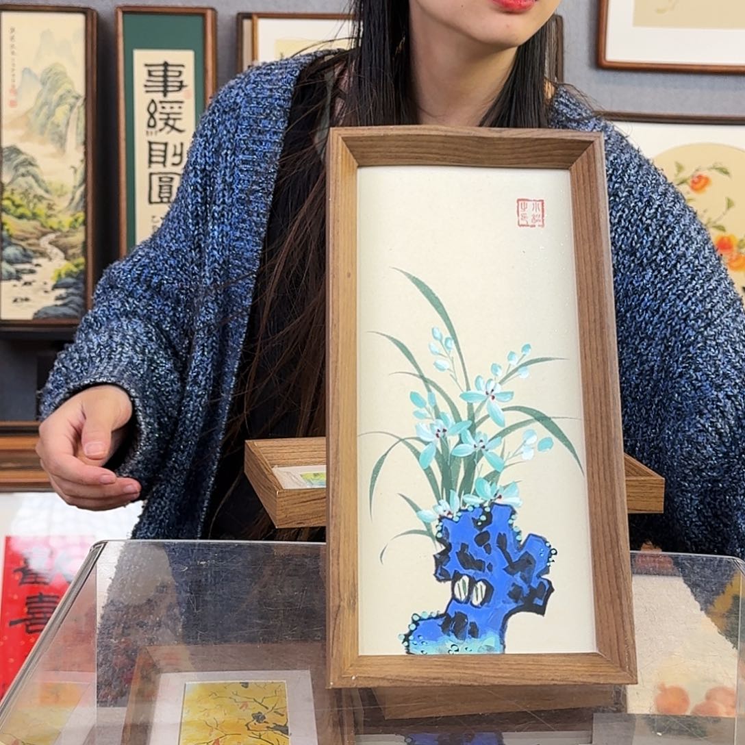 国画纯手绘，纯手写带框尺寸：16×29厘米
