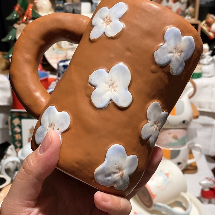 手捏手绘大号陶胎马克杯………