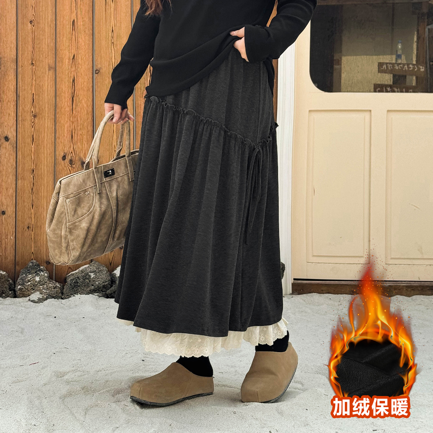 DD8648大码女装【软糯花边长裙】春季胖mm高腰蕾丝拼接A字半身裙子