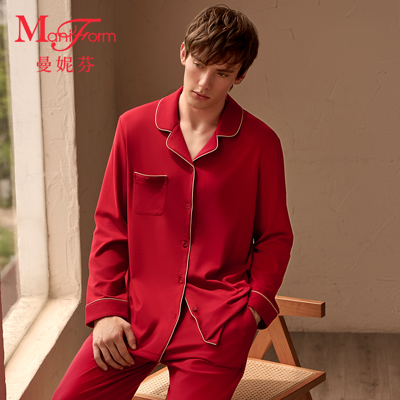 「红品」曼妮芬男士家居服秋冬磨毛60支棉新年红色长袖长裤睡衣套装