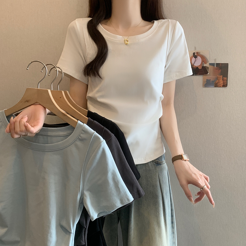 Q大码设计感正肩T恤2025夏季新款胖MM侧边褶皱遮肉显瘦百搭上衣女