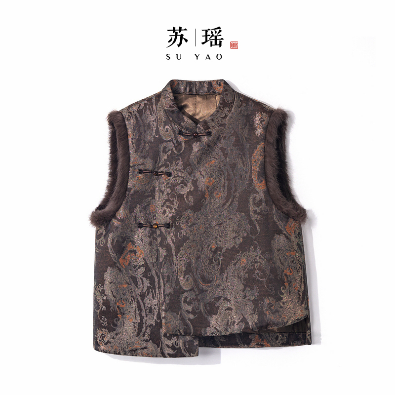 【云槿】冬季2025新款新中式上衣女装加棉加厚宽松国风兔毛提花马甲