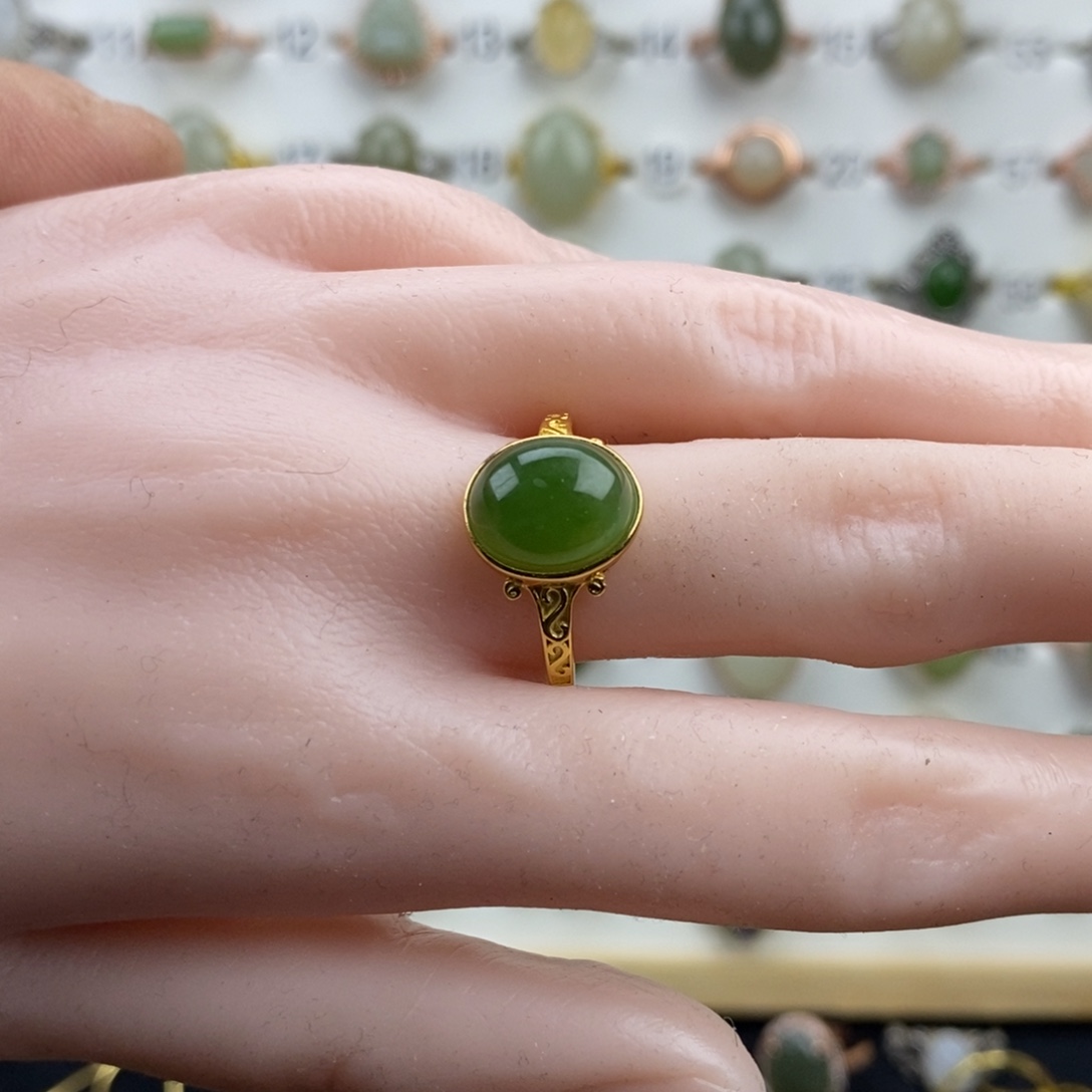 和田玉（碧玉）银S925镀金镶嵌戒指