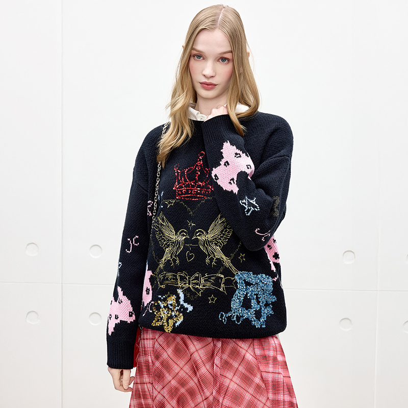 【入会享惊喜价】Juicy Couture橘滋珠片刺绣金属丝提花宽松毛衣