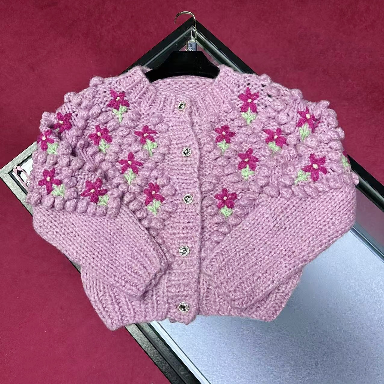 E572女秋季慵懒风毛针织衫编织开衫套头保暖玫红纯手工加厚女装