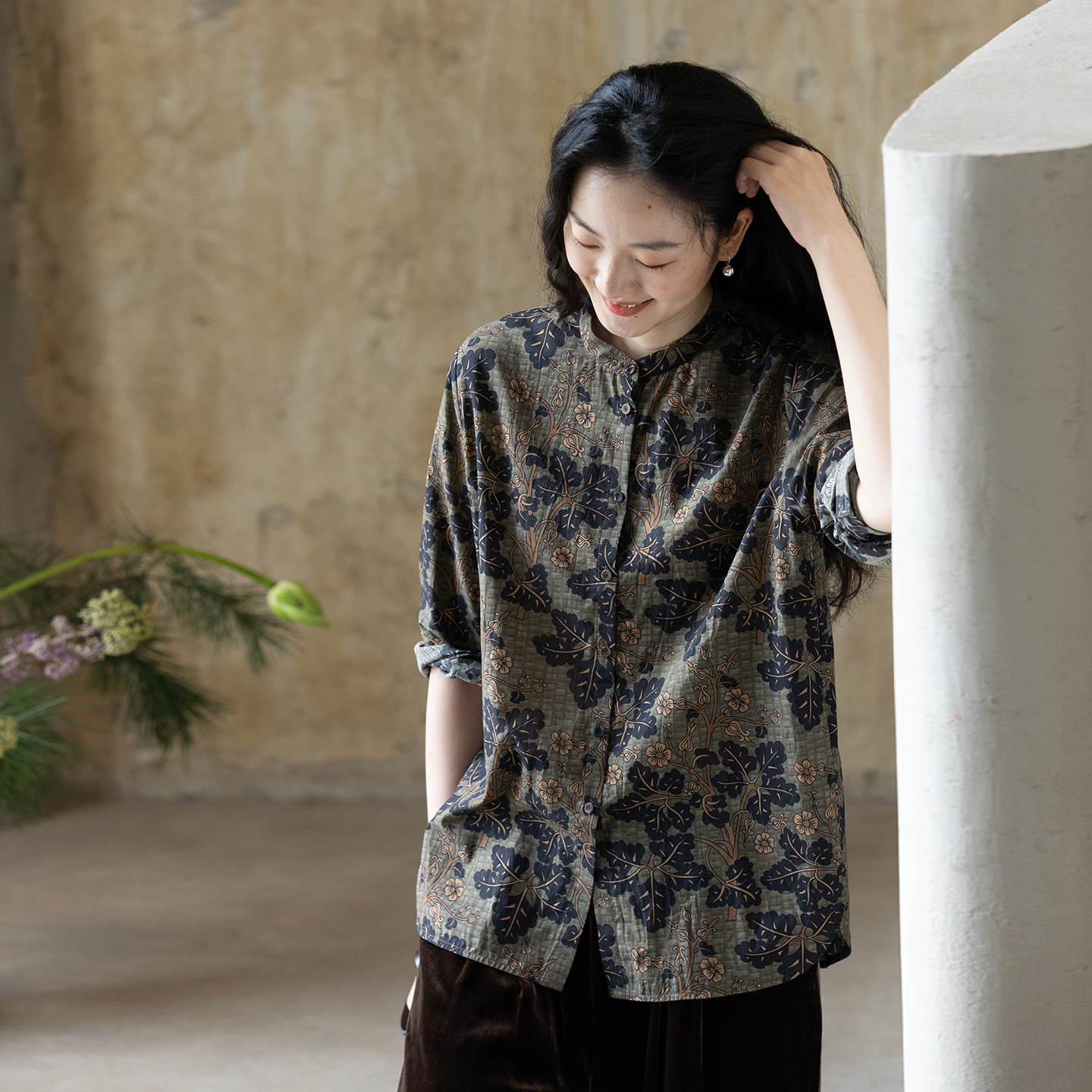 牧衣游原创 100支进口印花匹马棉衬衫新款复古文艺百搭衬衣 玖遇