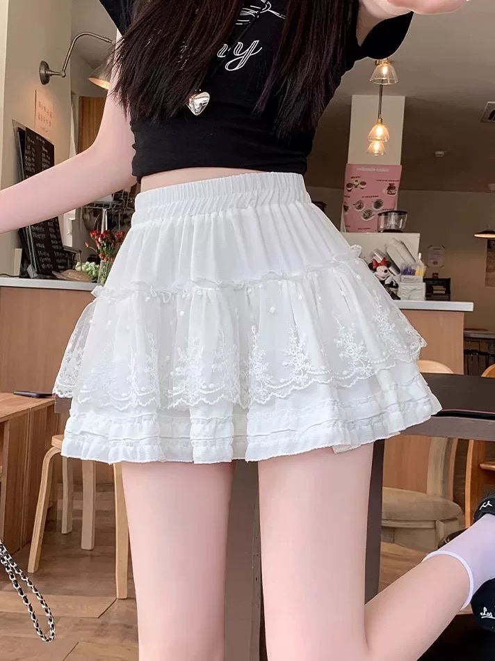 高腰夏季半身裙短裙松紧腰蕾丝显瘦裙子蕾丝拼接高腰伞裙百搭