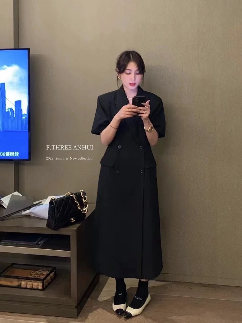 黑色收腰长款西装裙气场强大女装夏季气质高级感连衣裙子套装