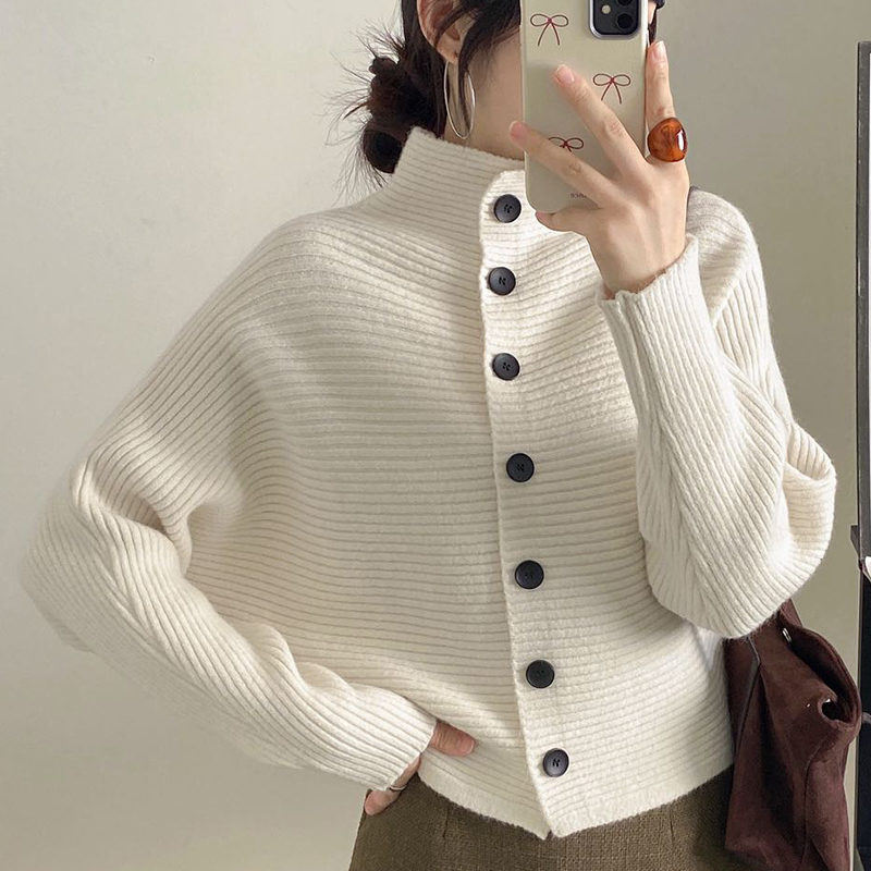 蝙蝠衫秋冬季韩版外套复古气质单排扣针织开衫慵懒风毛衣女上衣