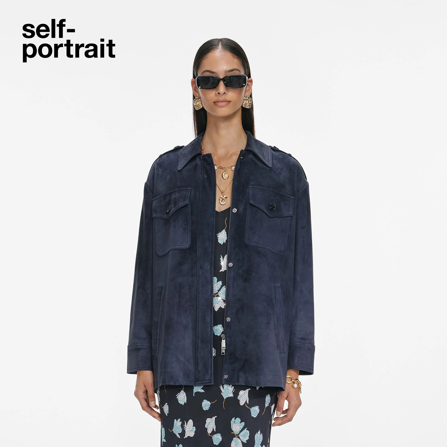 self-portrait 2025秋冬新款藏蓝色羊皮革麂皮绒外套衬衫上衣