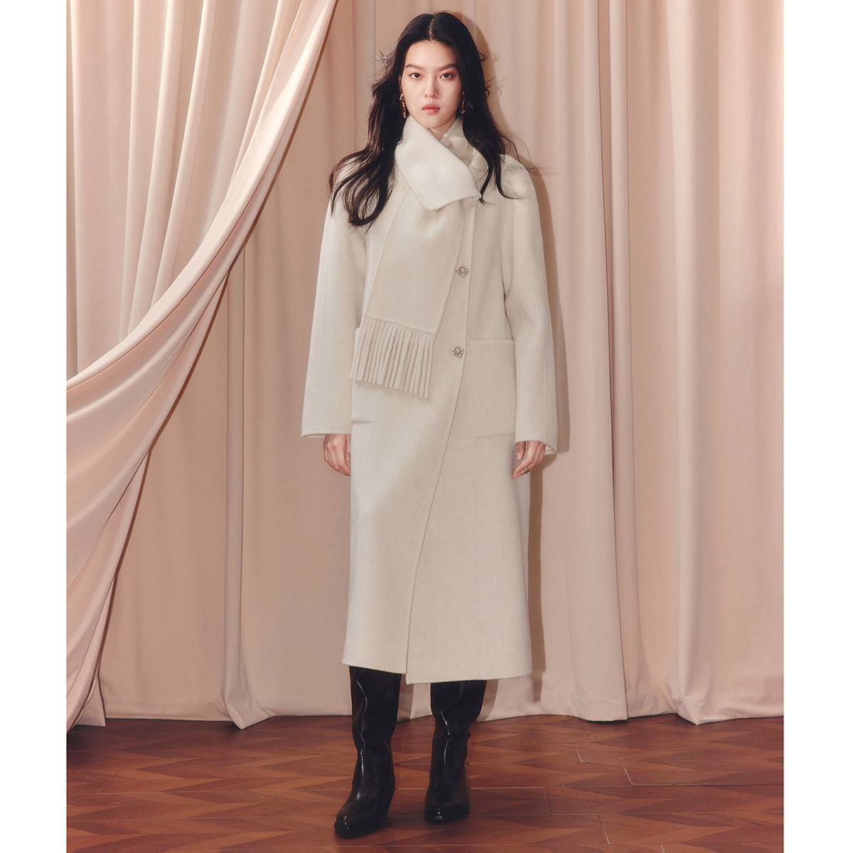 MAXRIENY肌理感过膝长款羊毛大衣女25冬款单排扣