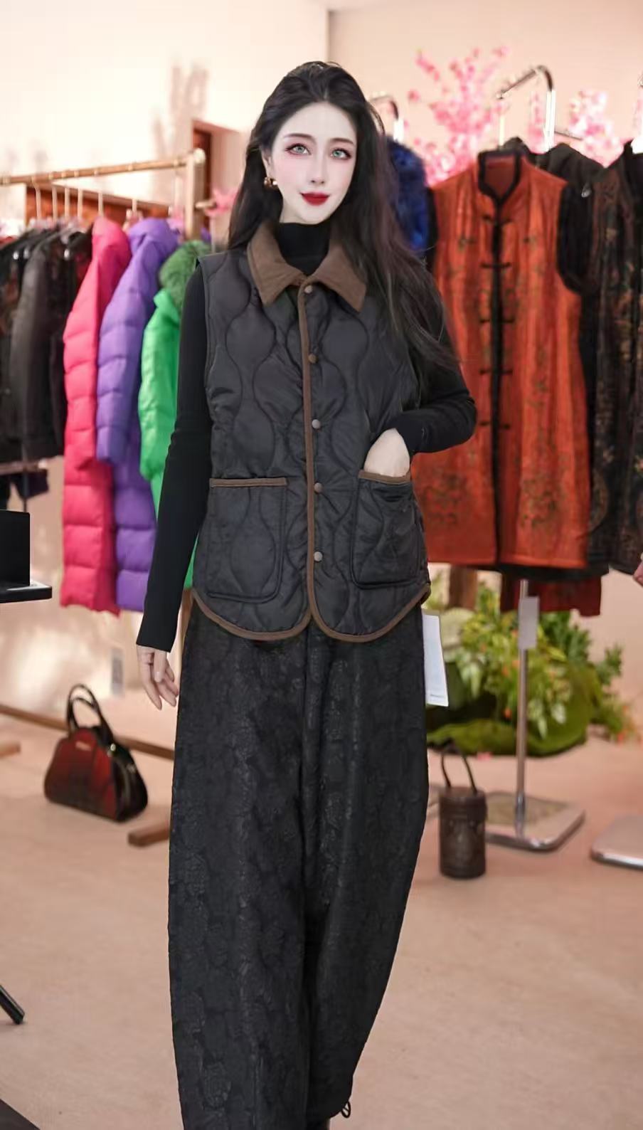 冬季女款棉马甲背心外穿加厚新款爆款秋冬马夹外套夹棉 黑（翻领)