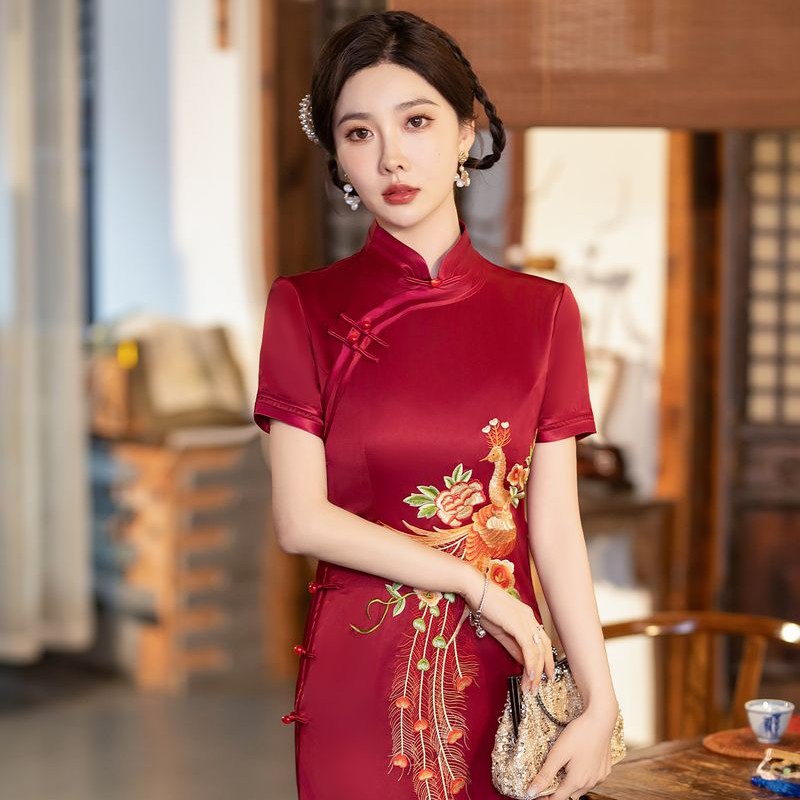 3221凤凰经典中式复古高贵优雅端庄气质刺绣重工走秀长款旗袍