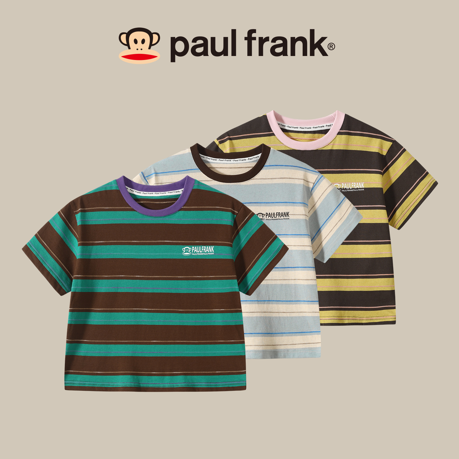 paul frank大嘴猴夏季条纹T恤男女童圆领短袖中大童潮流上衣AB019