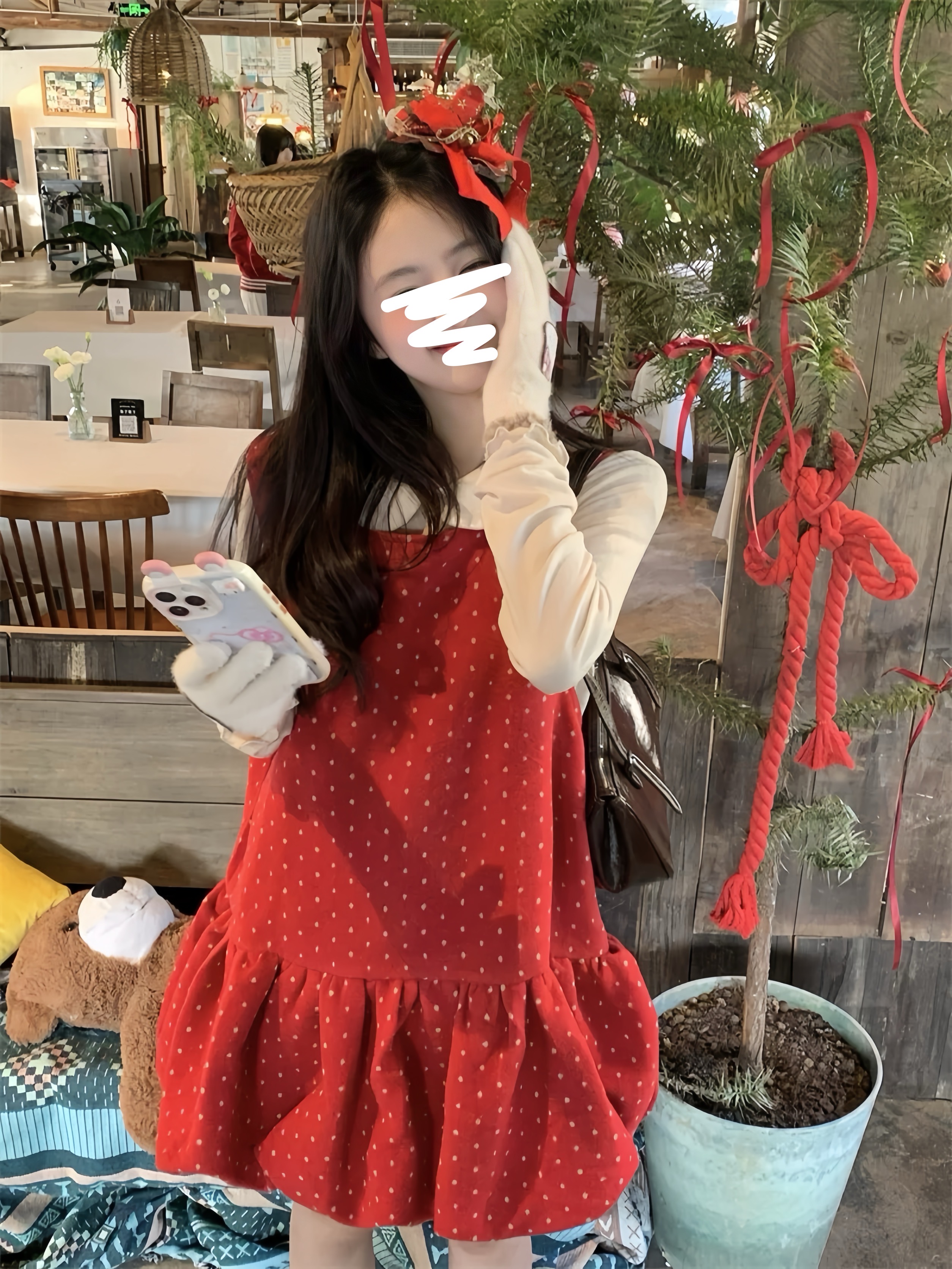 甜美套装针织长袖T恤女冬季叠穿波点背心连衣裙两件套26200