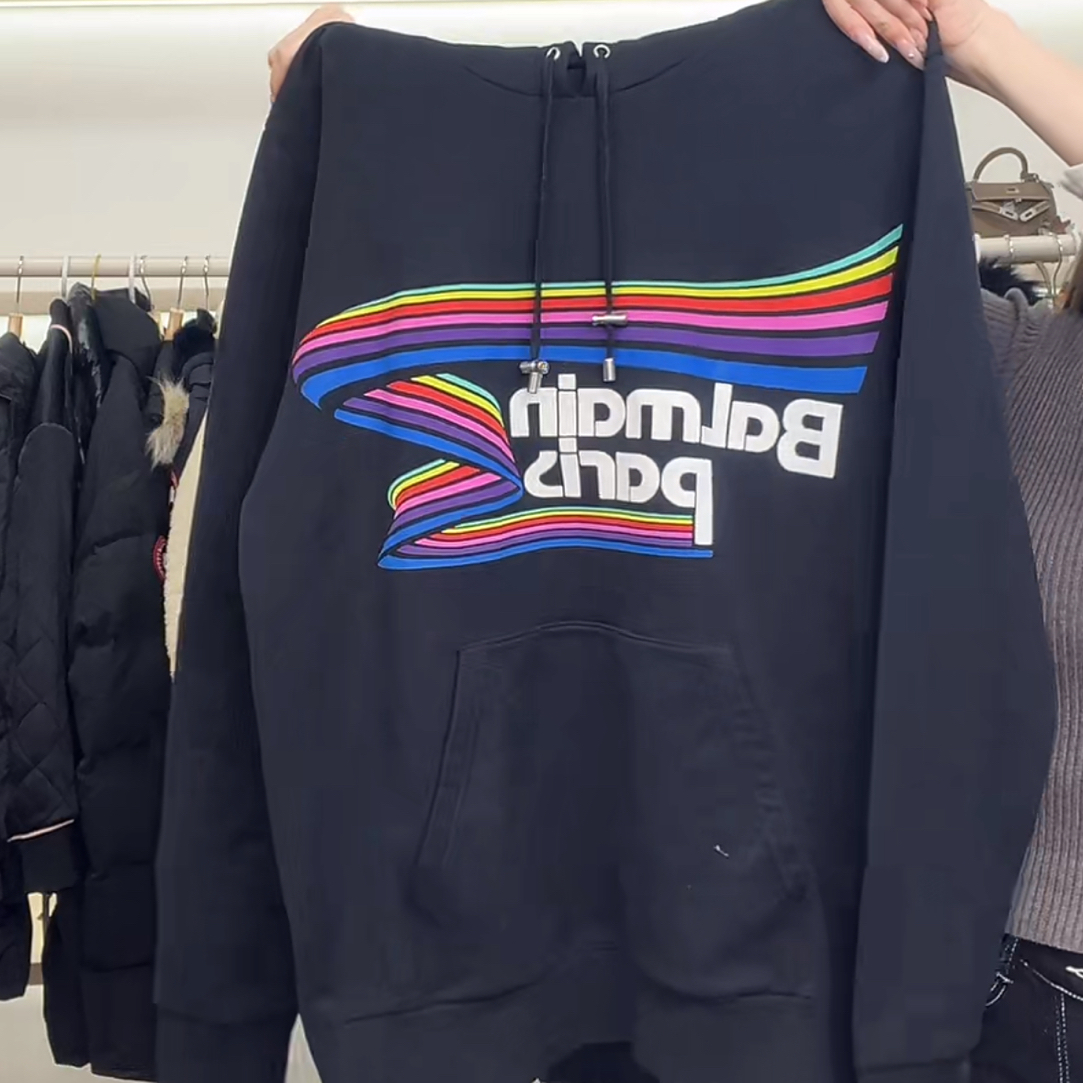 99新 BALMAIN/巴尔曼 HZ巴尔曼彩带logo黑色卫衣Z539