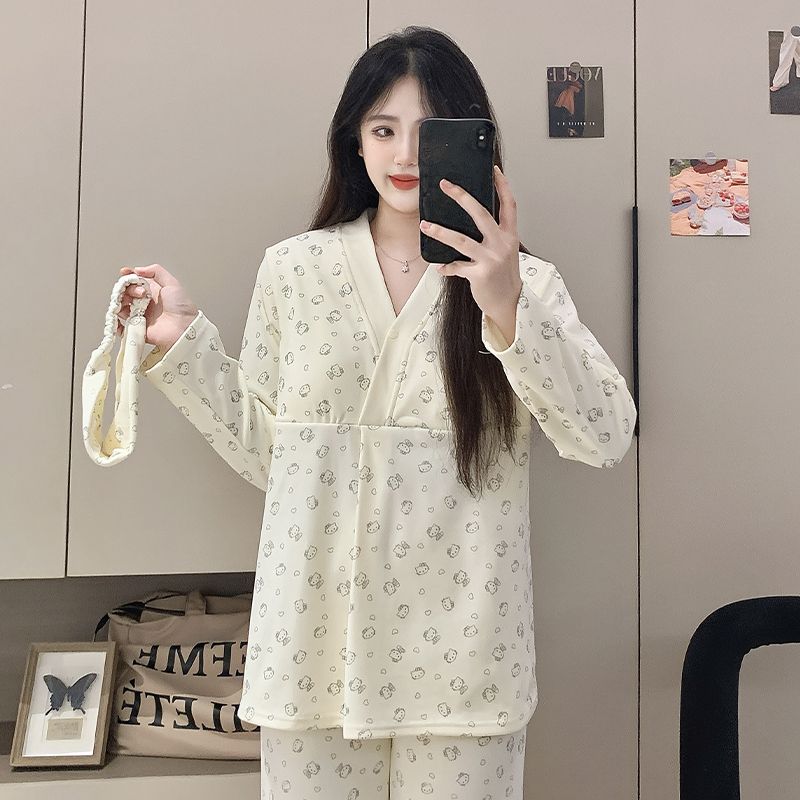 带发带孕妇月子服产后哺乳睡衣秋冬季带胸垫保暖德绒产妇喂奶家居